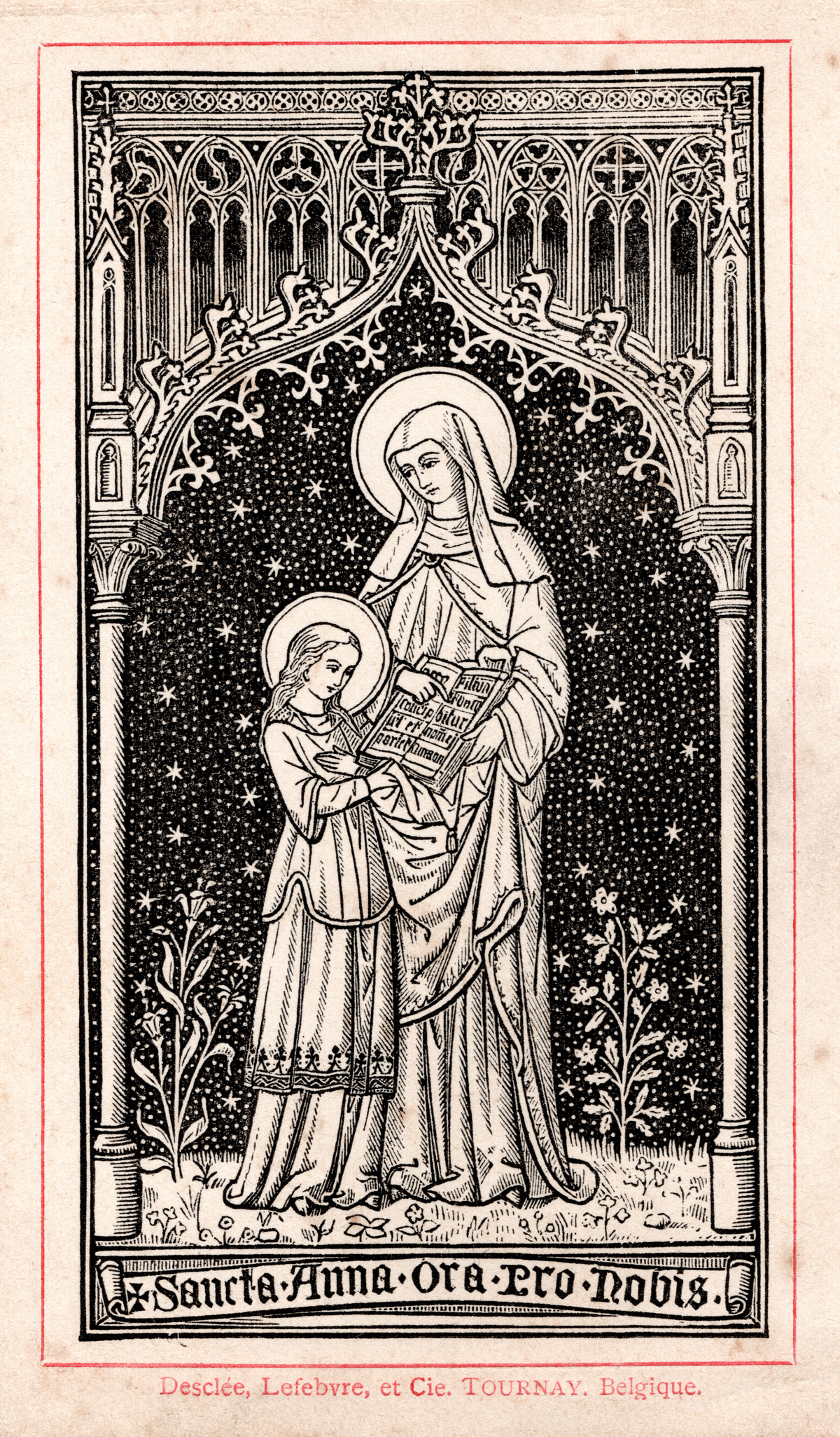 St. Anne with the Blessed Virgin Mary illustrated Catholic holy card from 19th century