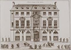 Engraving of the facade of the Hôtel de Beauvais showing a procession on rue Saint-Antoine during Louis XIV's entry into Paris in 1660