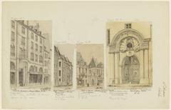 19th century drawing of Hôtel de Mayenne facade on rue Saint-Antoine, Paris with pedestrians and shops