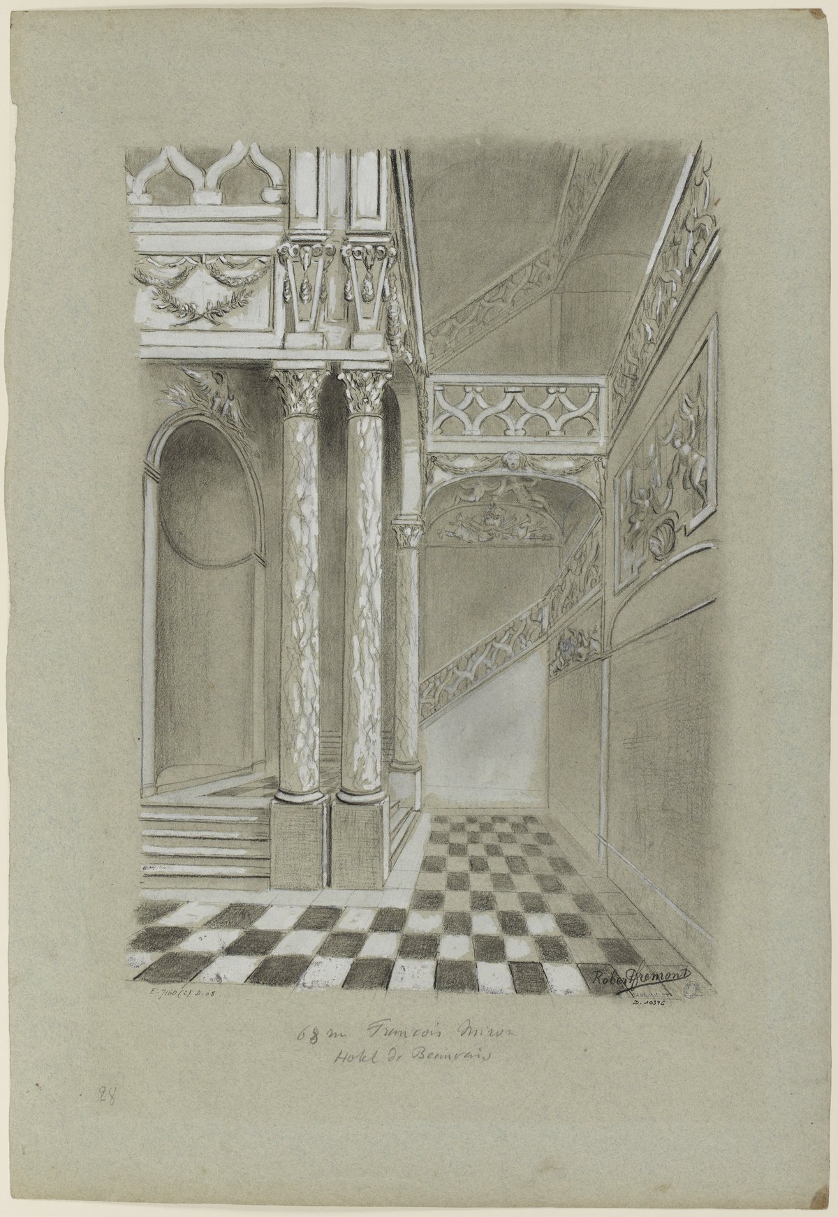 Interior of the Hôtel de Beauvais with ornate staircase and black-and-white tiled floor