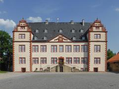 Front view of Schloss Salder, a historic castle in Salzgitter, Germany with lush green surroundings