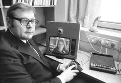Finnish professor Kauko Rahko with the first Finnish videophone in 1972