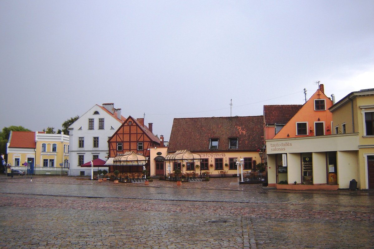 Klaipeda Theater Square East Side with historic buildings and clear sky