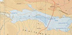 Map of Qarhan Playa in Qaidam Basin, Qinghai, China with Chinese names in Wade-Giles romanization and elevations in meters