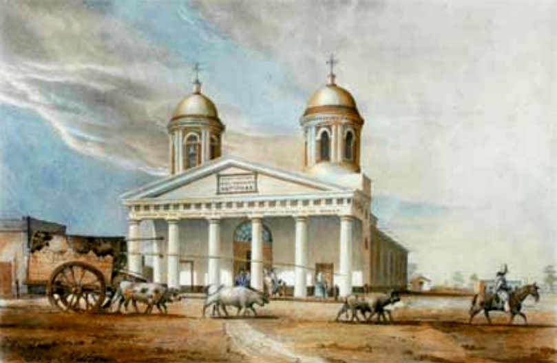 Historical drawing of Templo de San José de Flores from 1841