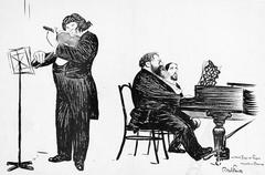 Eugène Ysaÿe and Raoul Pugno playing violin and piano at Salle Pleyel in Paris, detailed illustration by Abel Faivre