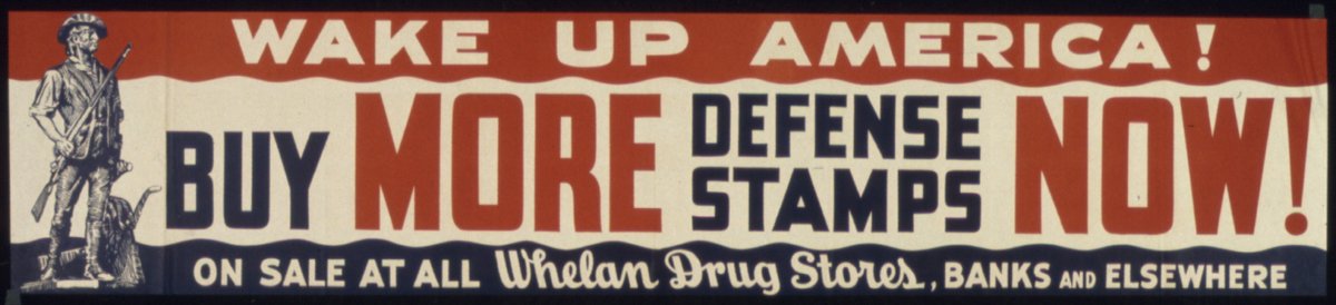 WWII American poster urging citizens to buy defense stamps with bold text and patriotic imagery