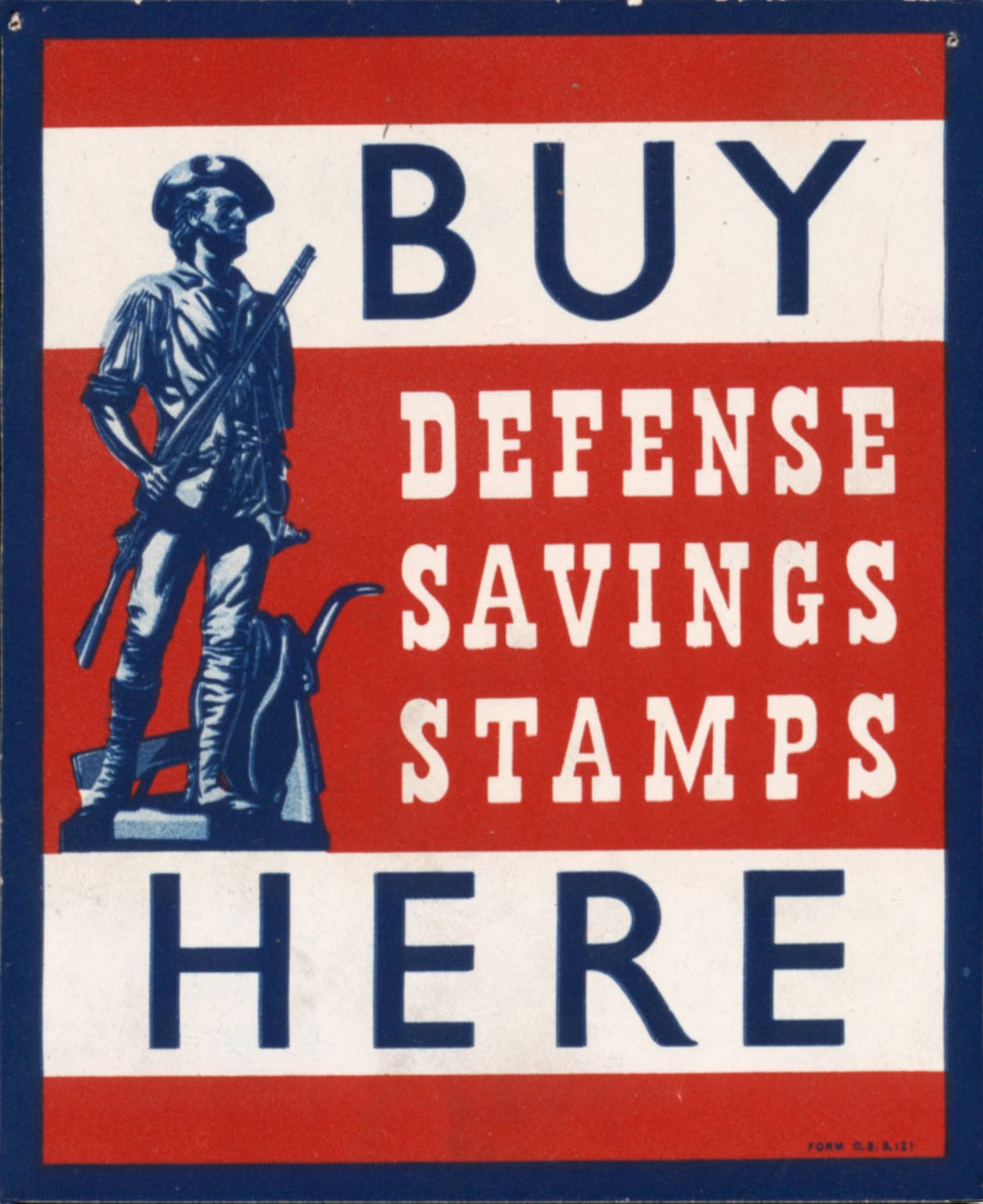 Statue of colonial militiaman holding rifle and hand on plow with patriotic red, white, and blue star-spangled background for WWII Defense Savings Stamps store display