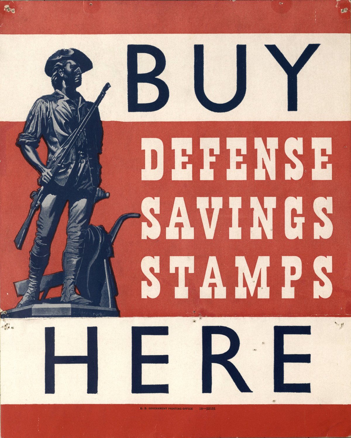 Colonial militiaman standing before red and white background promoting Defense Savings Stamps