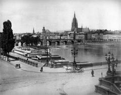 View of the upper Main river and Frankfurt old town with the Cathedral, Schoene Aussicht, Schopenhauerhaus, and Obermainbruecke bridge