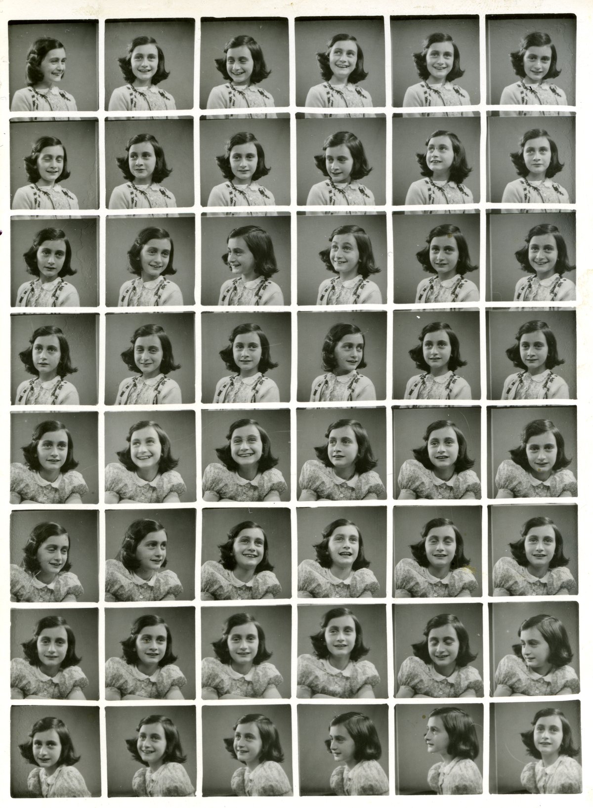 Sheet of 48 black and white passport photos of Anne Frank taken at Polyfoto Amsterdam in May 1939