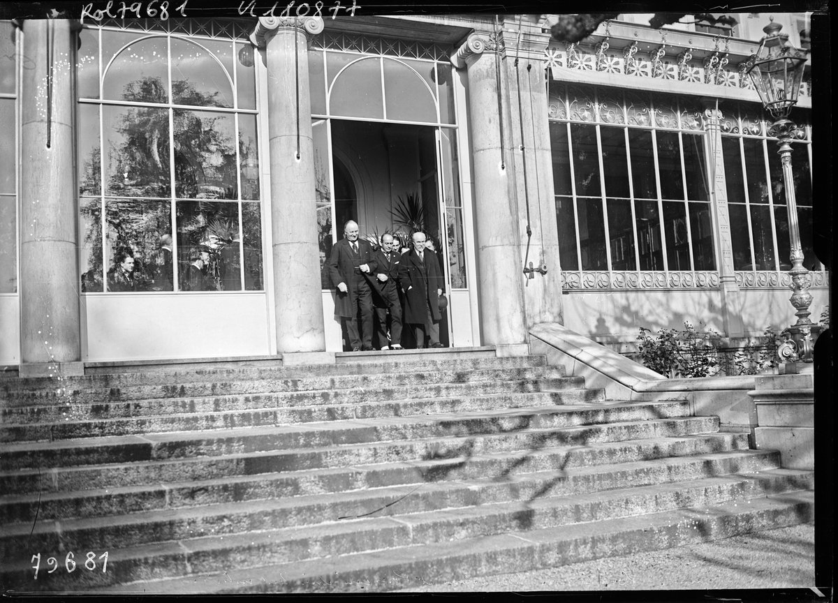 Historical meeting of Mussolini, Lord Curzon, and Raymond Poincaré at Beau-Rivage Palace in Lausanne, November 1922