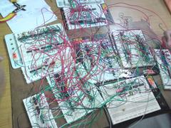 Large complex digital circuit with numerous interconnected wires for polynomial plotting on CRO at WEL lab IIT Bombay