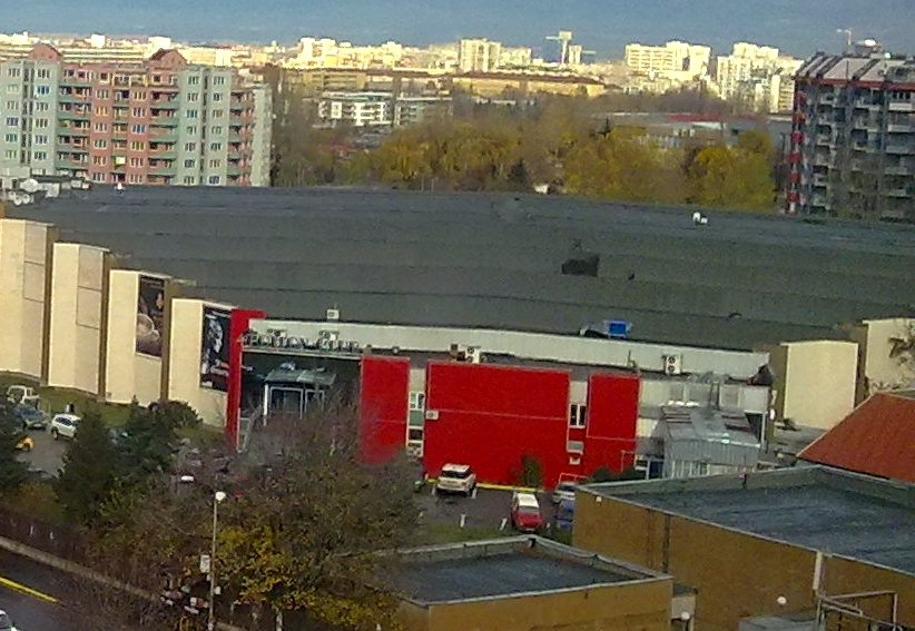 View of southeastern Studentski grad district in Sofia with Winter Sports Palace and street market
