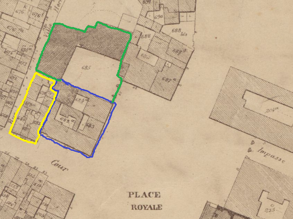 Historical architectural plan of Hôtel de Spangen surrounded in blue showing the original hotel, annex buildings in green representing state domains, and other annexes in yellow, Plan Popp 1866