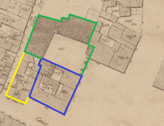 Historic map of Hôtel de Spangen in Brussels showing main hotel in blue, annexes in green and yellow