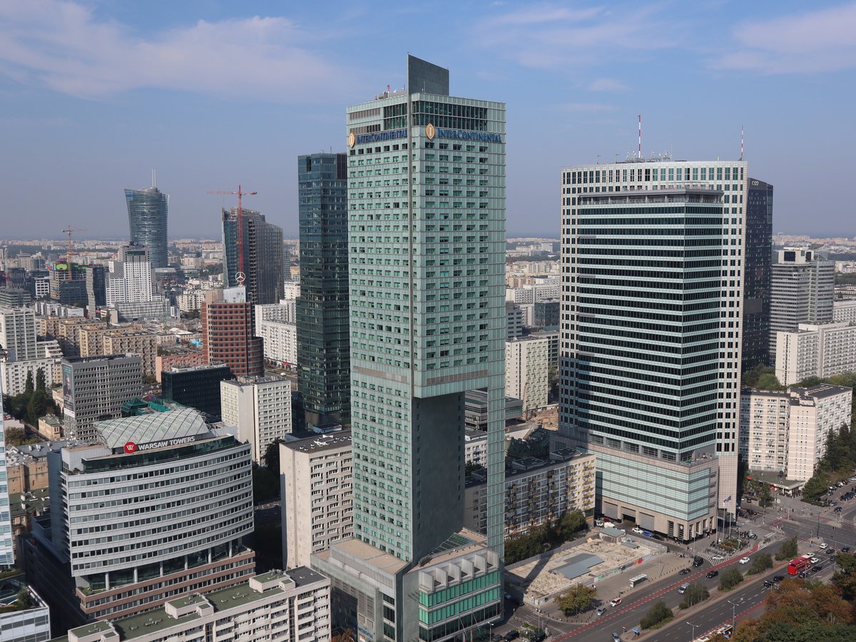 Panorama of Warsaw from the observation deck on the XXX floor of the Palace of Culture and Science, featuring Intercontinental Hotel and Warsaw Financial Center