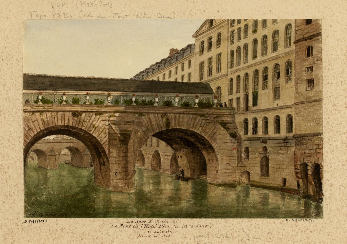 Watercolor drawing of Hôtel-Dieu La Selle Saint Charles hospital seen from above the bridge in Paris, dated August 1850