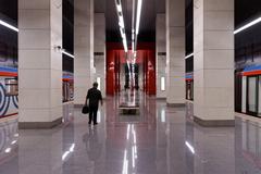 Inside view of Mnyovniki metro station in Moscow with modern design and lighting