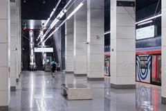 Interior view of Mnyovniki metro station in Moscow with modern design and lighting