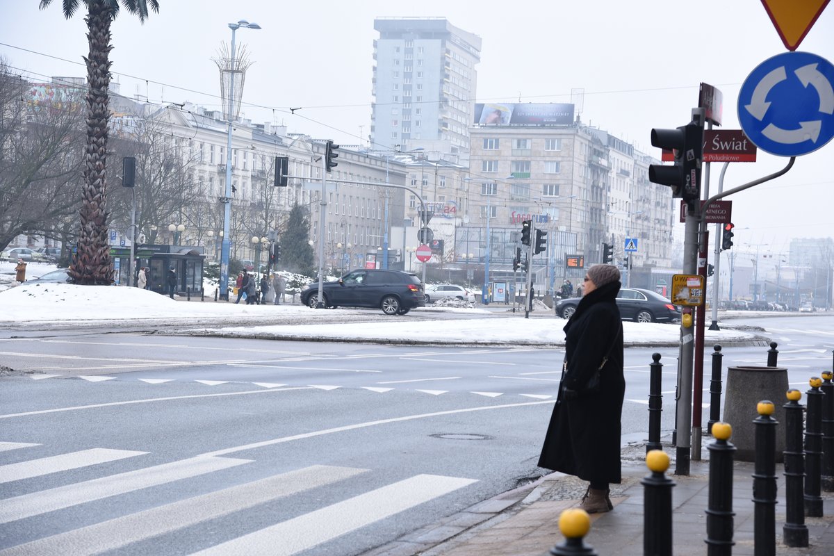 January 2018 winter scene in Warsaw with historic buildings and a clear sky