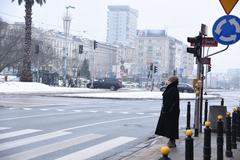 January 2018 winter scene in Warsaw with historic buildings and a clear sky