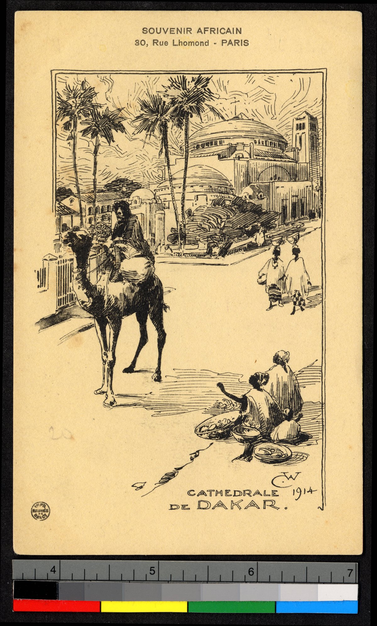 Drawing of a man on a camel in Dakar, Senegal, circa 1914 with market women and a church dome in the background