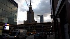 October 2021 autumn view of Warsaw city with colorful foliage and urban buildings