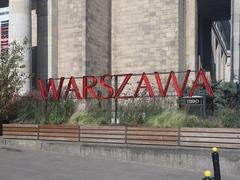 Warsaw city sign under the Palace of Culture and Science in 2021