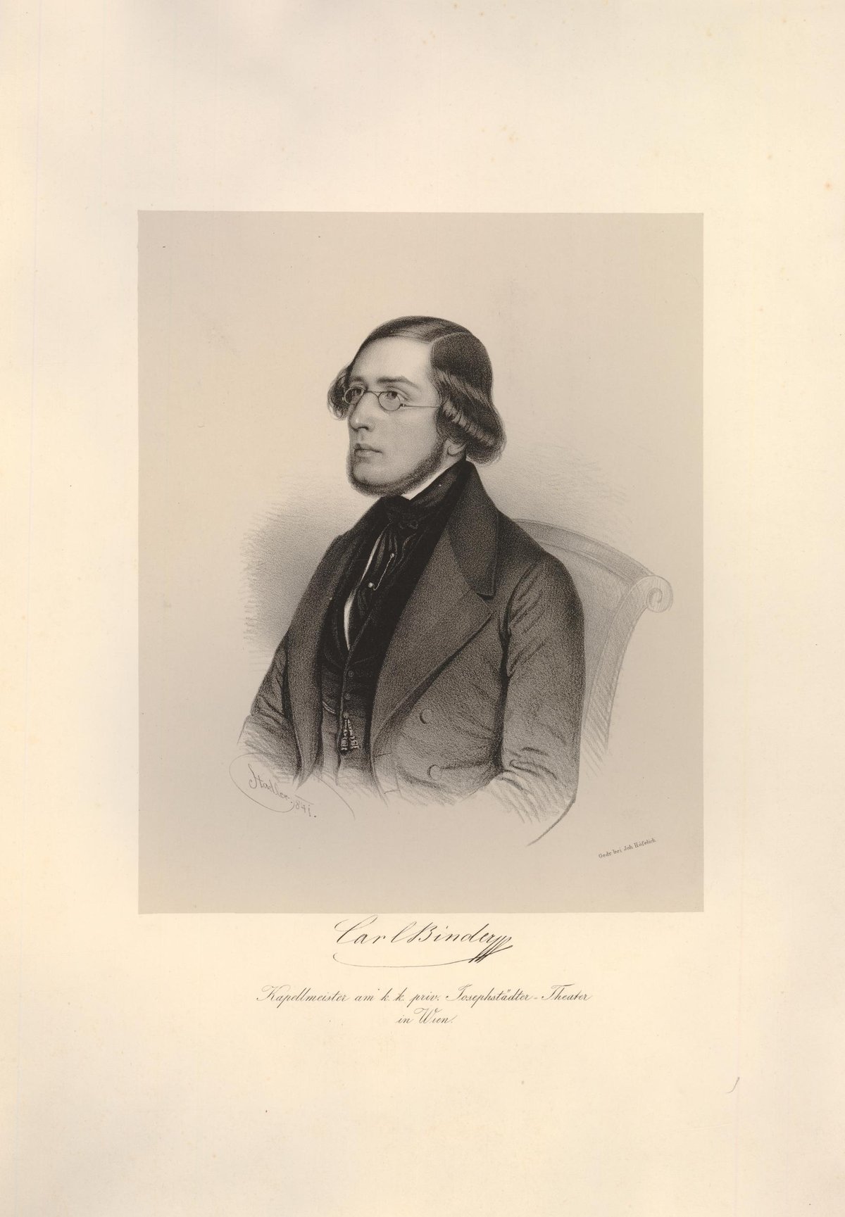 Portrait of Carl Binder seated wearing 19th century attire with spectacles