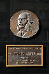 Close-up plaque of Michel Lentz's birthplace house on Ënneschtgaass street in Luxembourg City