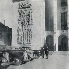Detailed relief sculptures on the north main facade of Victoria Palace in Bucharest