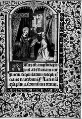 Illuminated manuscript page depicting the Horae Beatae Virginis Mariae with religious artwork