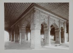 Interior of Diwan-i-Khas (Hall of Private Audiences) in the Red Fort, Delhi, historical black and white photograph