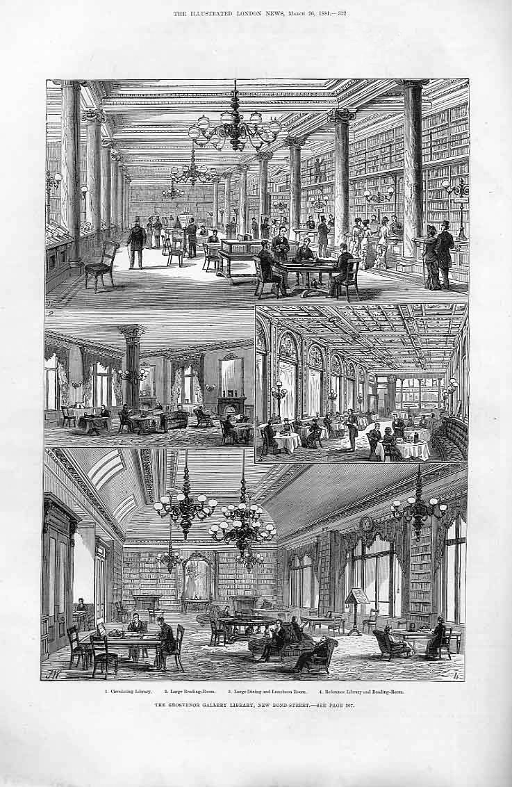 Engraving of Grosvenor Gallery Library interior on New Bond Street with bookshelves and reading tables