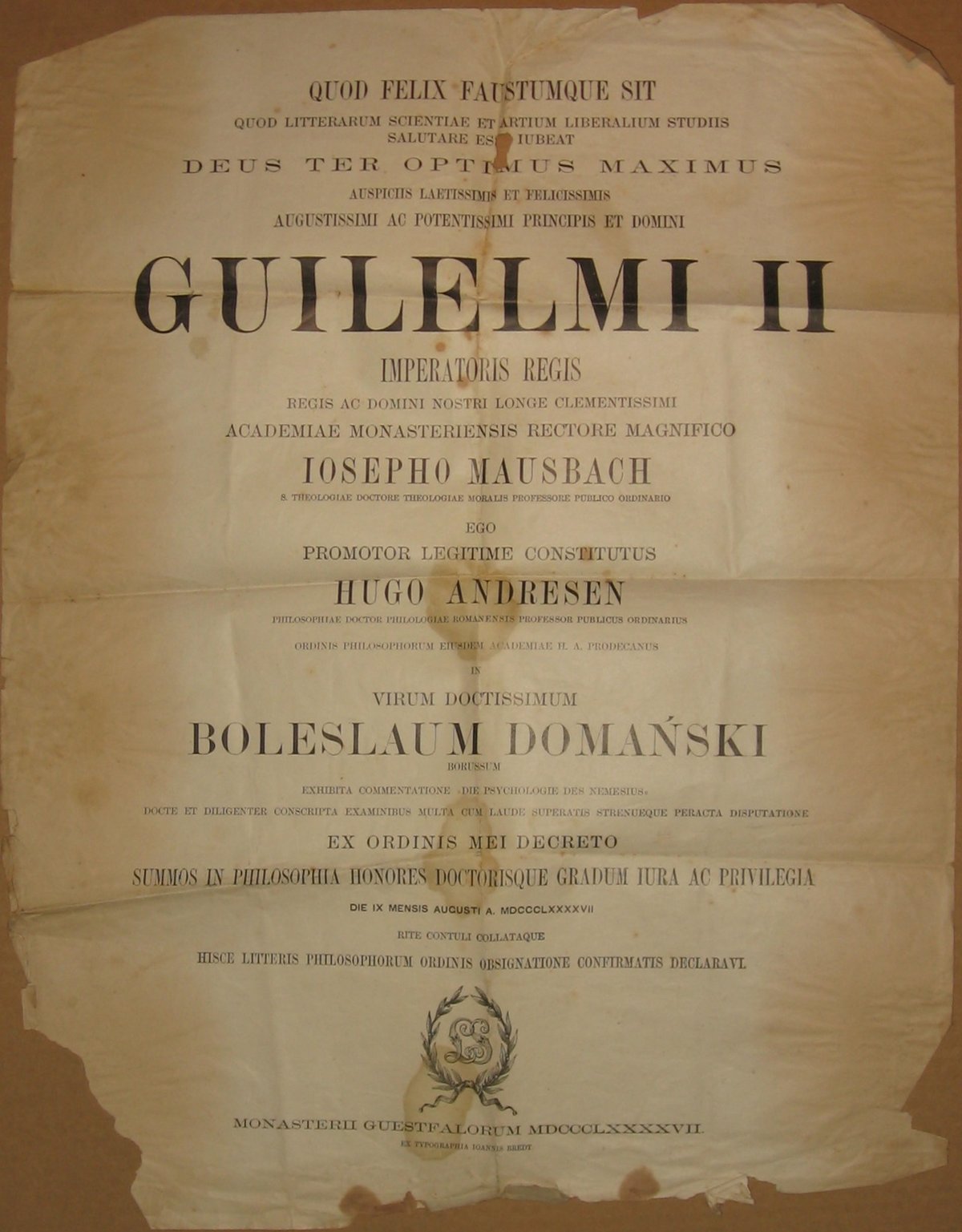 Doctoral diploma of priest Bolesław Domański awarded by the Theological Academy in Münster in 1897