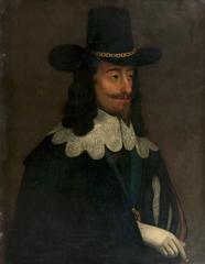 Portrait of King Charles I wearing a black doublet and white lace collar painted by Edward Bower
