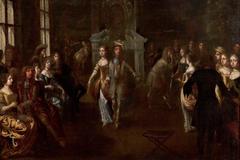 A Wedding Feast by Hieronymus Janssens follower, detailed 17th-century scene of people celebrating at an indoor banquet