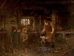Blacksmith's shop interior with artisan at work surrounded by tools and glowing forge
