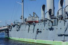 Cruiser Aurora, a cultural heritage ship in Russia docked at port