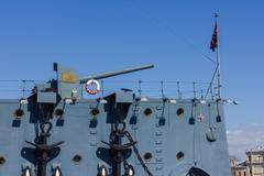 Cruiser Aurora cultural heritage ship in Russia docked at the port