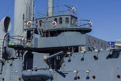 The Cruiser Aurora - historic Russian protected cruiser ship docked in St. Petersburg, Russia