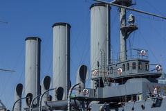 Cruiser Aurora, a historic Russian naval ship docked in Saint Petersburg
