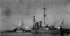 Soviet cruisers Avrora and Profintern docked at Swinemünde in 1929