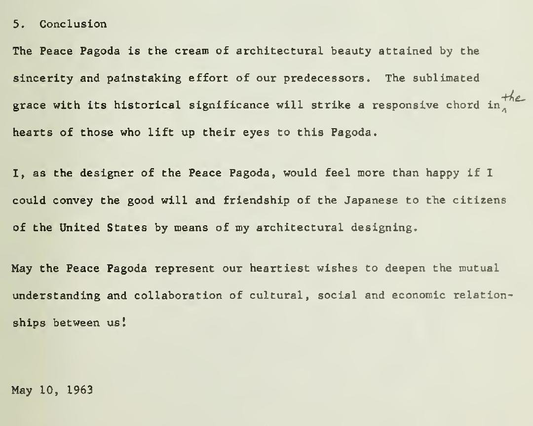 Essay by Yoshiro Taniguchi on San Francisco Peace Pagoda design with editor markings