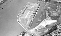 Aerial view of Swan Island Municipal Airport along the Willamette River in Portland Oregon