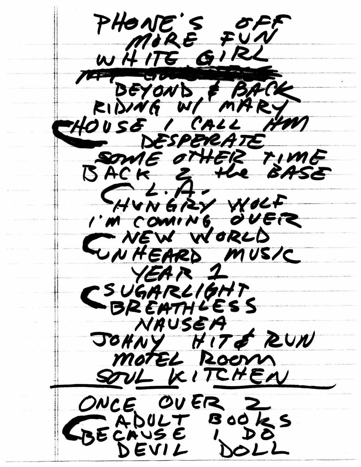 Set list of the band X on stage at the Theatre of Living Arts in Philadelphia