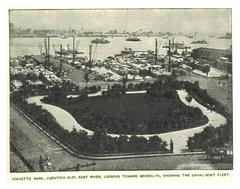 Black and white 1893 image of Janettee Park at Coenties Slip, East River, looking toward Brooklyn