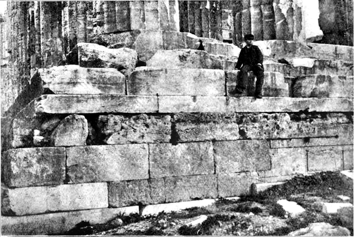Foundation of the Older Parthenon beneath the platform of the newer Parthenon in Athens