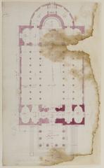 Architectural drawing plan of Notre-Dame de Lorette church, Paris, circa 1823, five parallel naves, hemicycle choir, Roman-inspired basilical layout
